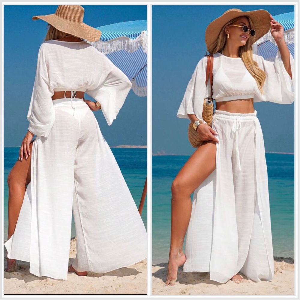 Women's White Beach Split-Leg Wide Pants Set